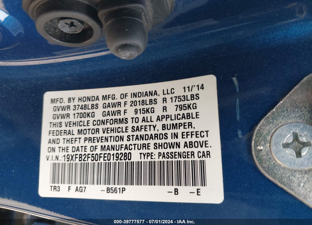 2015 HONDA CIVIC LX VIN: 19XFB2F50FE019280