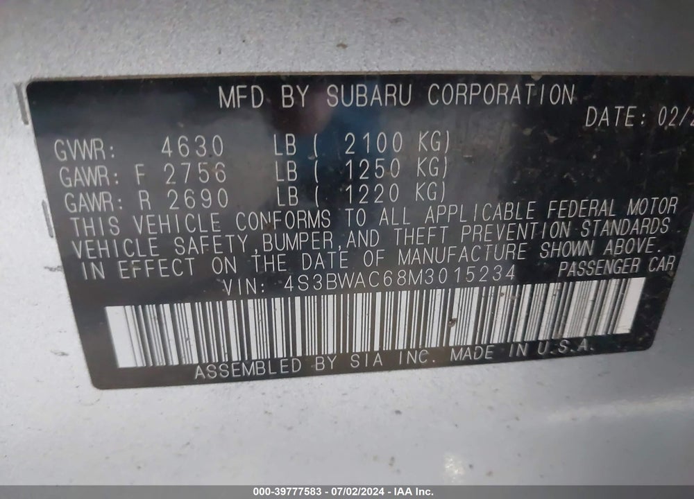 2021 SUBARU LEGACY PREMIUM VIN: 4S3BWAC68M3015234