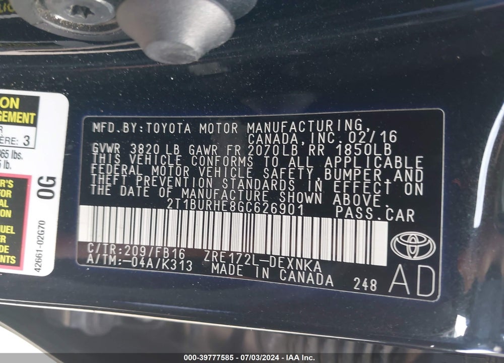 2016 TOYOTA COROLLA LE VIN: 2T1BURHE8GC626901