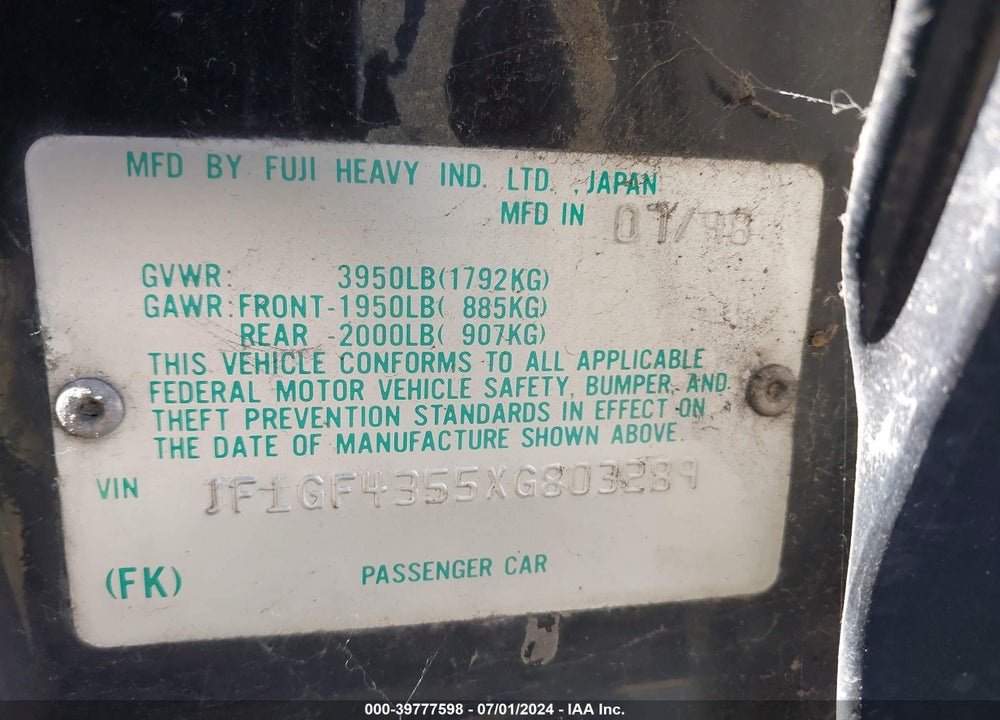 1999 SUBARU IMPREZA L VIN: JF1GF4355XG803289