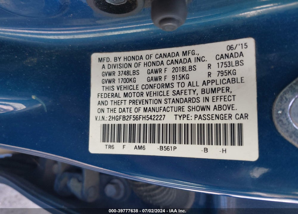 2015 HONDA CIVIC LX VIN: 2HGFB2F56FH542227