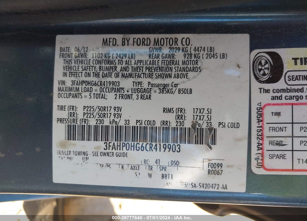 2012 FORD FUSION SE VIN: 3FAHP0HG6CR419903