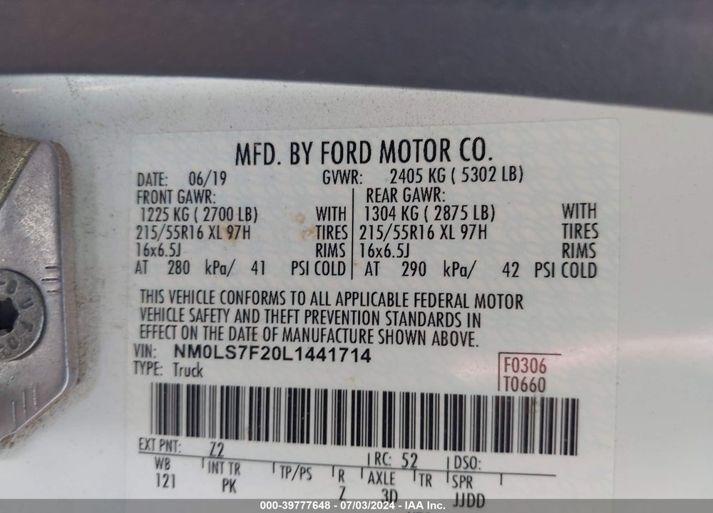 2020 FORD TRANSIT CONNECT XLT VIN: NM0LS7F20L1441714