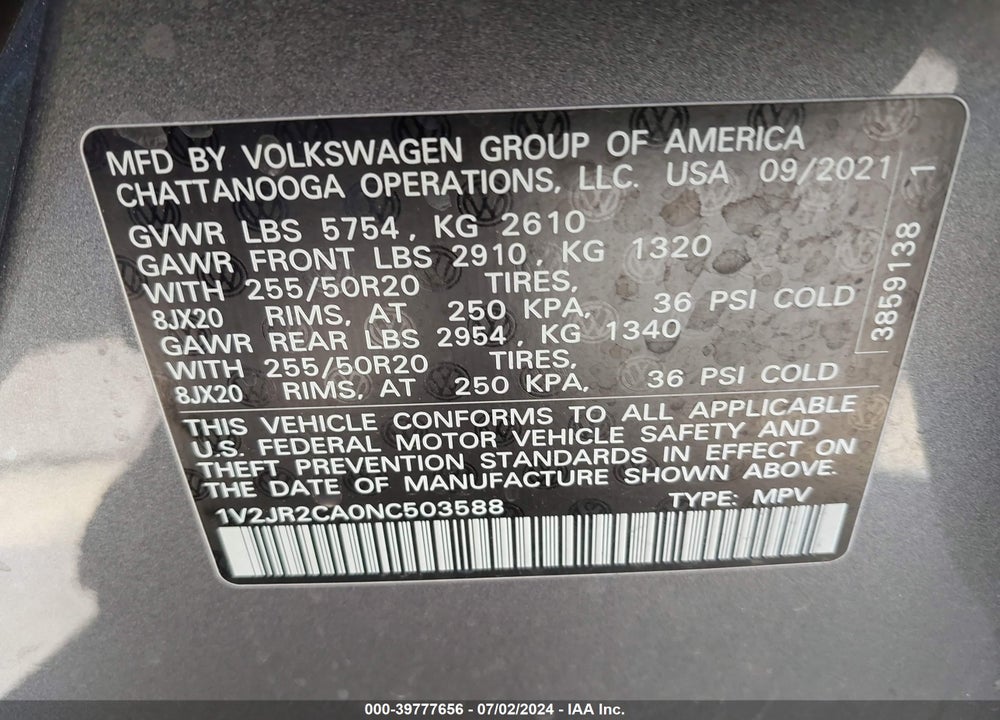 2022 VOLKSWAGEN ATLAS VIN: 1V2JR2CA0NC503588