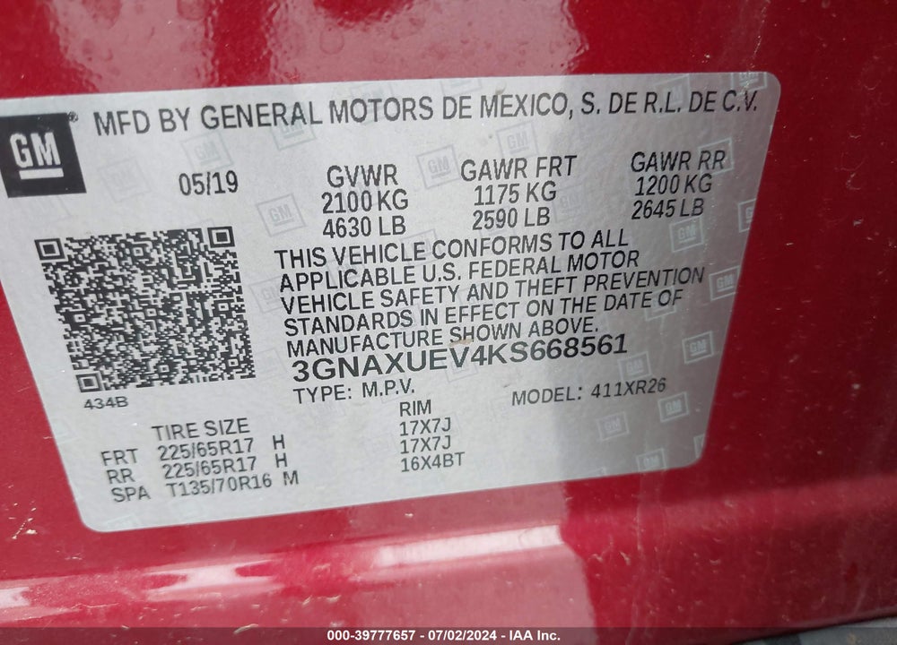 2019 CHEVROLET EQUINOX LT VIN: 3GNAXUEV4KS668561