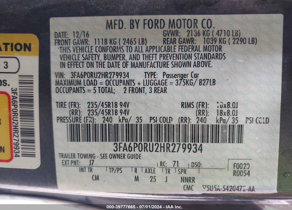 2017 FORD FUSION HYBRID TITANIUM VIN: 3FA6P0RU2HR279934