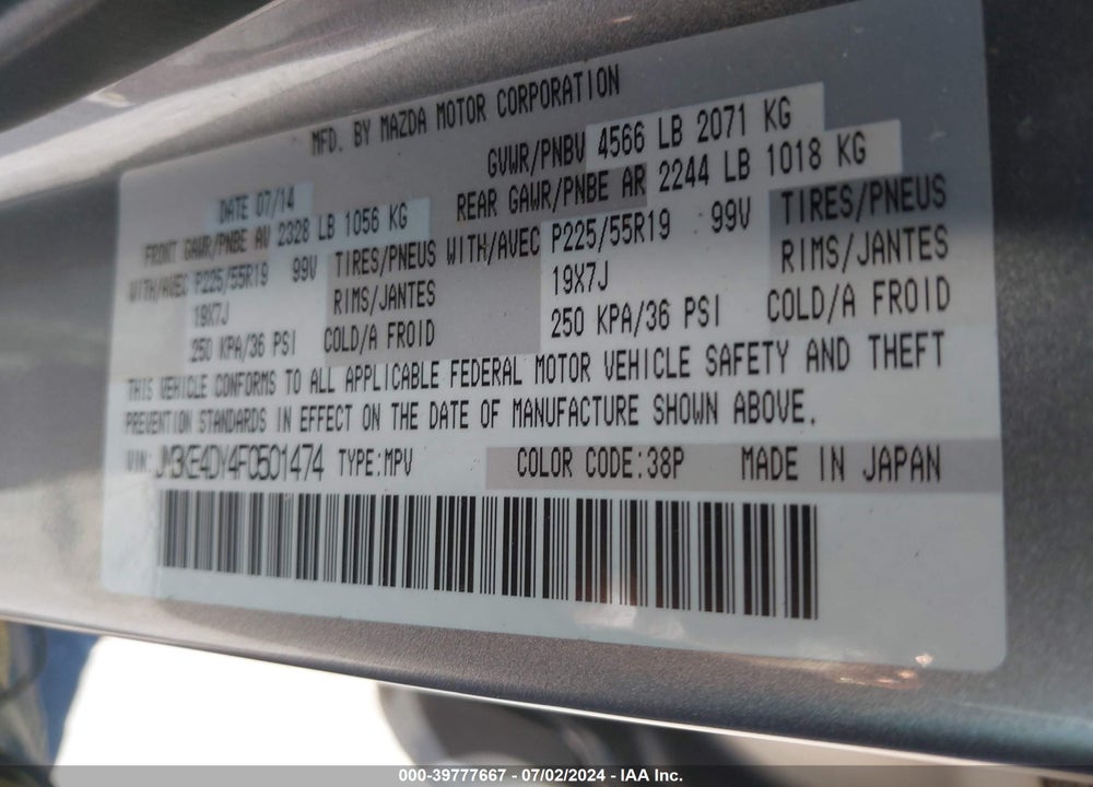 2015 MAZDA CX-5 GRAND TOURING VIN: JM3KE4DY4F0501474