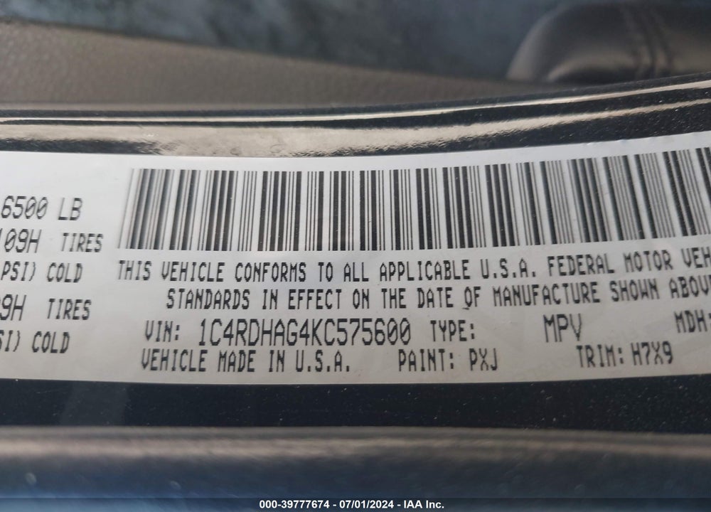 2019 DODGE DURANGO SXT RWD VIN: 1C4RDHAG4KC575600