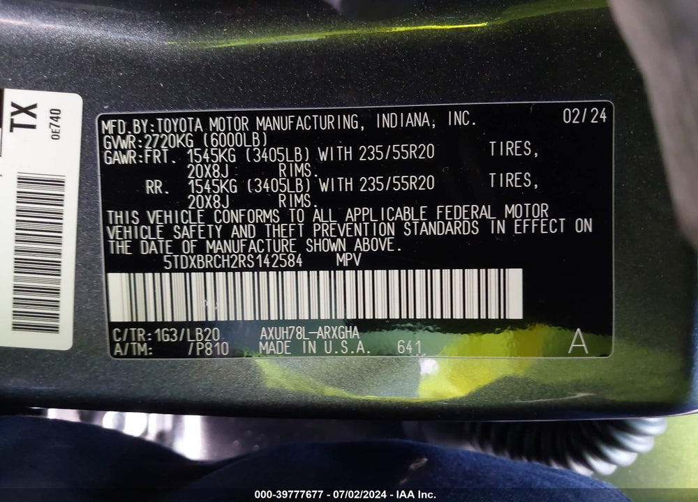 2024 TOYOTA HIGHLANDER HYBRID LIMITED VIN: 5TDXBRCH2RS142584