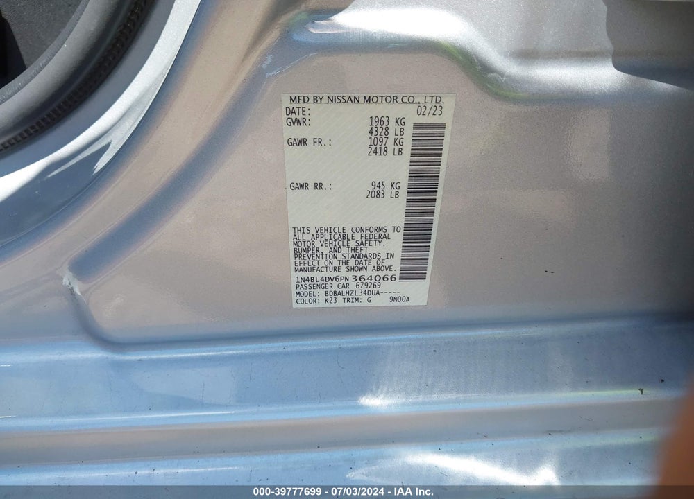 2023 NISSAN ALTIMA SV FWD VIN: 1N4BL4DV6PN364066