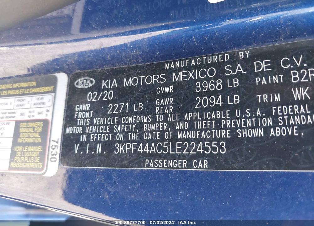 2020 KIA FORTE GT VIN: 3KPF44AC5LE224553
