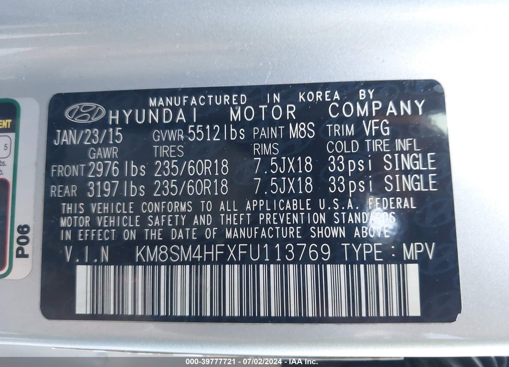 2015 HYUNDAI SANTA FE GLS VIN: KM8SM4HFXFU113769