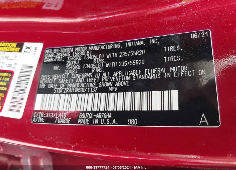 2021 TOYOTA HIGHLANDER PLATINUM VIN: 5TDFZRAH1MS071137