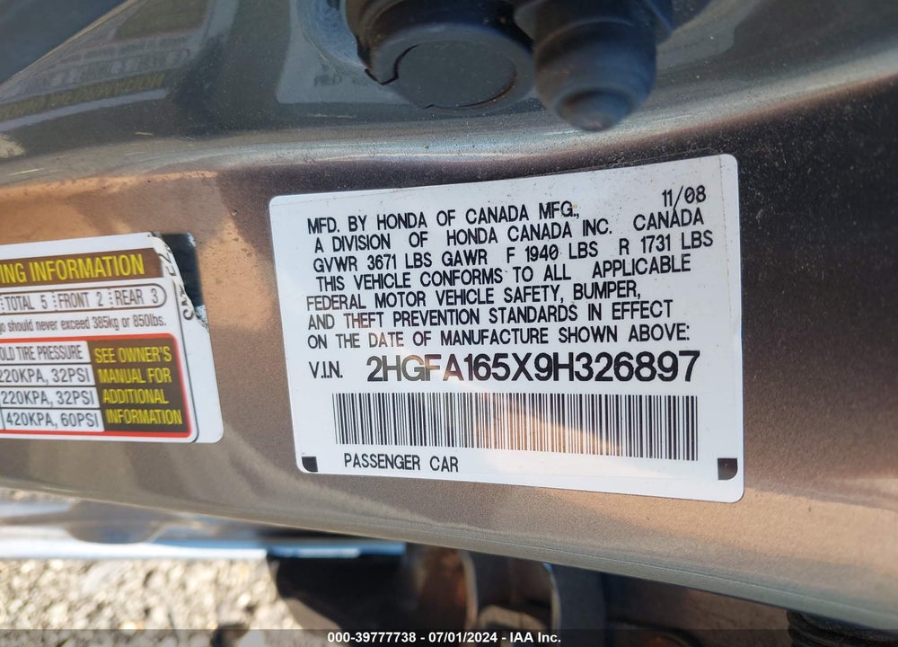 2009 HONDA CIVIC LX VIN: 2HGFA165X9H326897