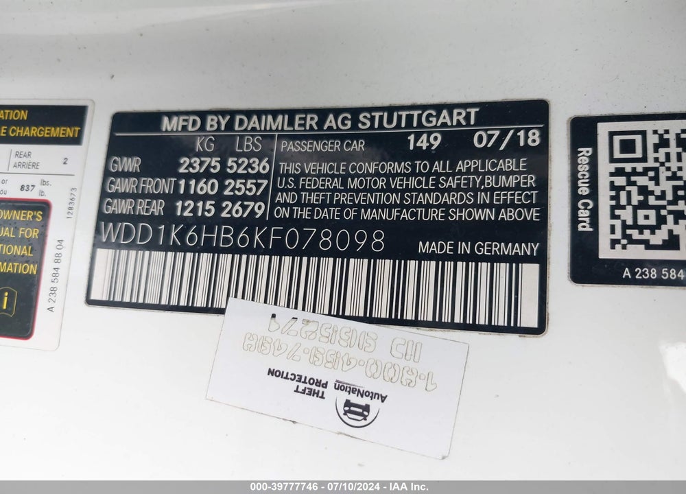 2019 MERCEDES-BENZ E 450 VIN: WDD1K6HB6KF078098