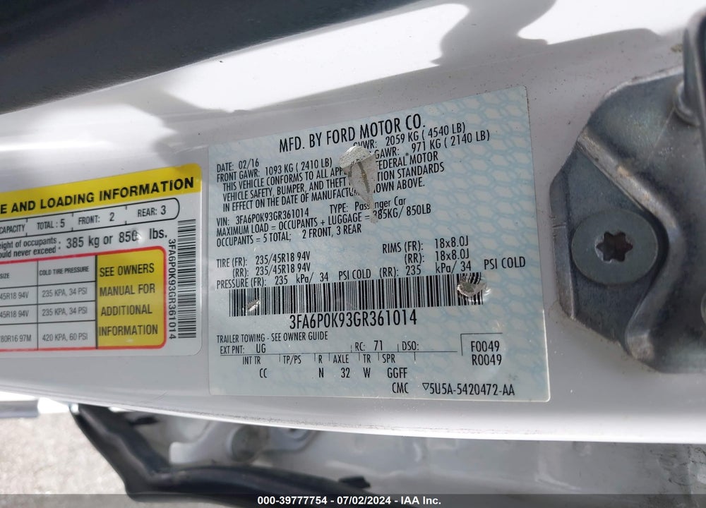 2016 FORD FUSION TITANIUM VIN: 3FA6P0K93GR361014