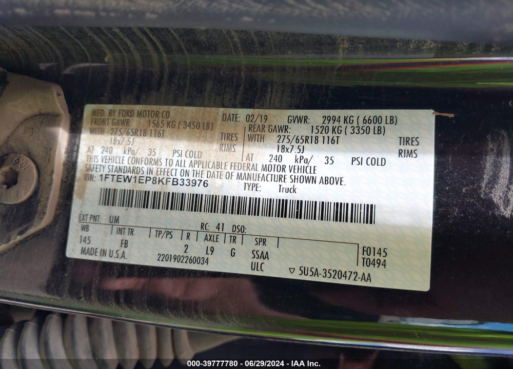 2019 FORD F-150 XLT VIN: 1FTEW1EP8KFB33976