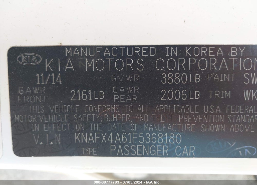 2015 KIA FORTE LX VIN: KNAFX4A61F5368180