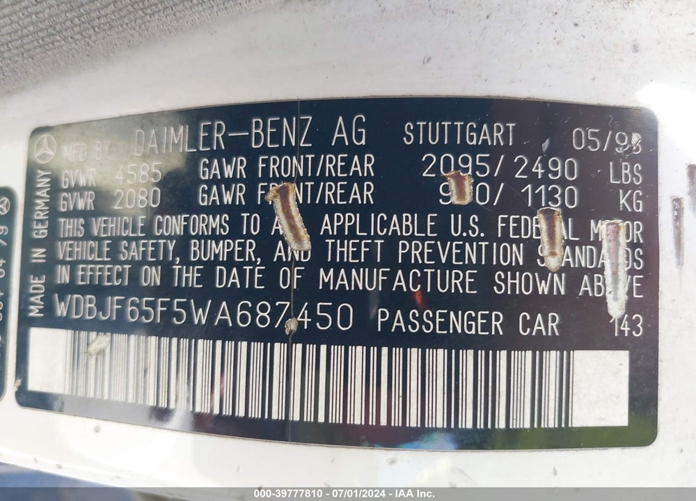 1998 MERCEDES-BENZ E 320 VIN: WDBJF65F5WA687450