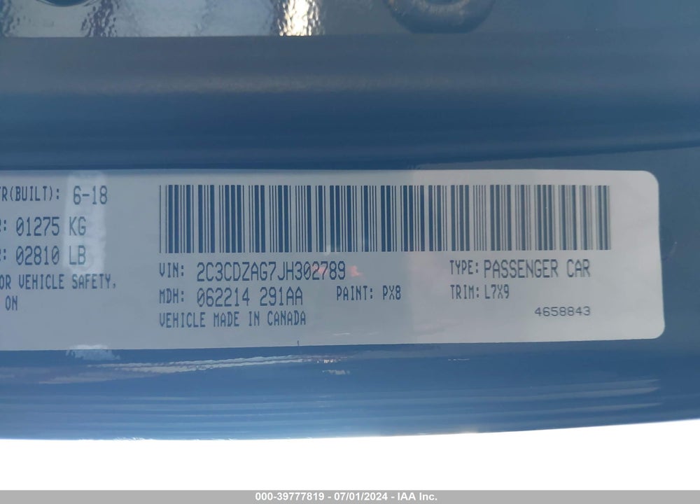 2018 DODGE CHALLENGER SXT VIN: 2C3CDZAG7JH302789