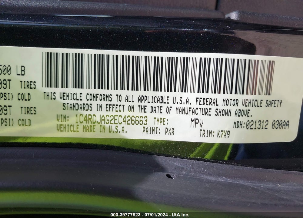 2014 DODGE DURANGO VIN: 1C4RDJAG2EC426663