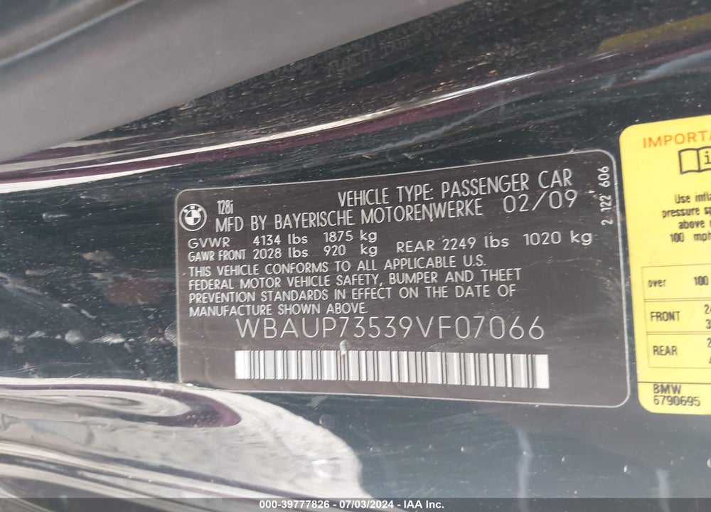 2009 BMW 128I VIN: WBAUP73539VF07066