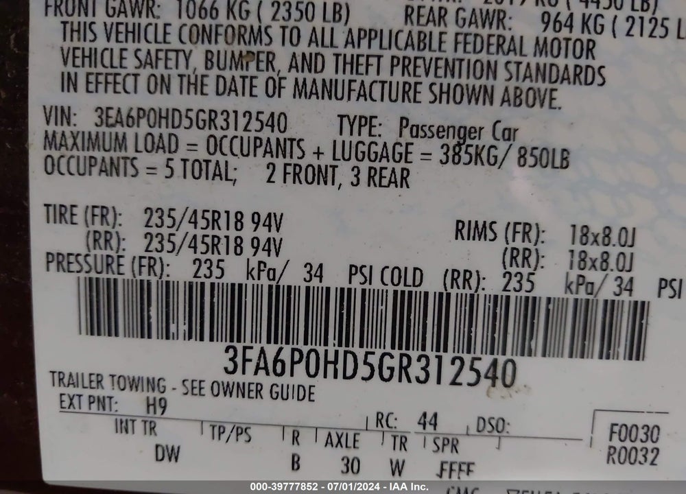 2016 FORD FUSION SE VIN: 3FA6P0HD5GR312540