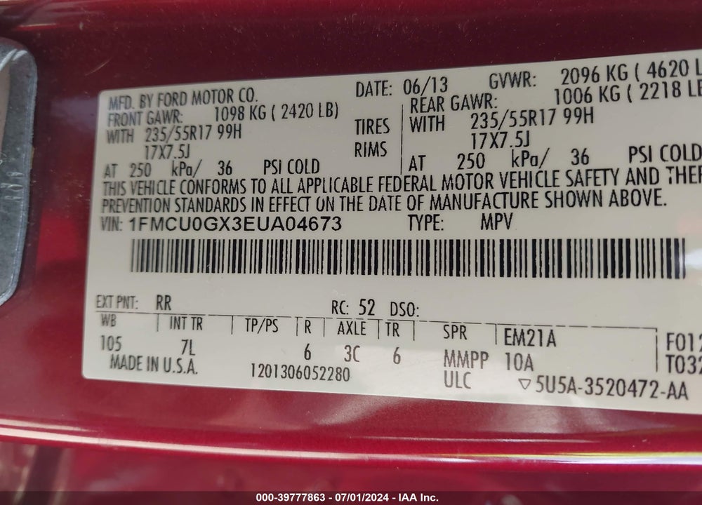 2014 FORD ESCAPE SE VIN: 1FMCU0GX3EUA04673