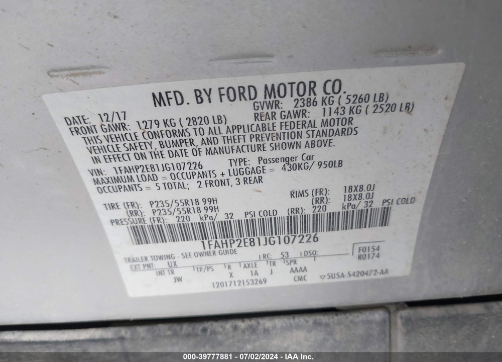 2018 FORD TAURUS SEL VIN: 1FAHP2E81JG107226