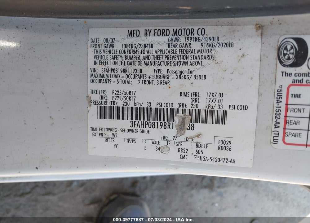 2008 FORD FUSION SEL VIN: 3FAHP08198R119338