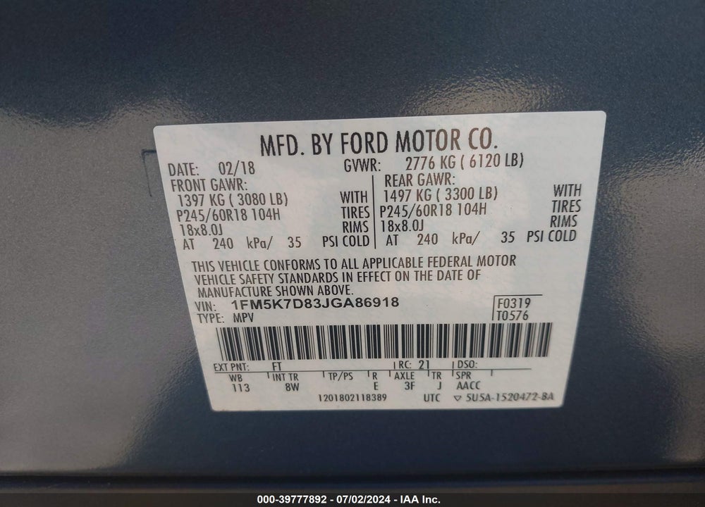 2018 FORD EXPLORER XLT VIN: 1FM5K7D83JGA86918