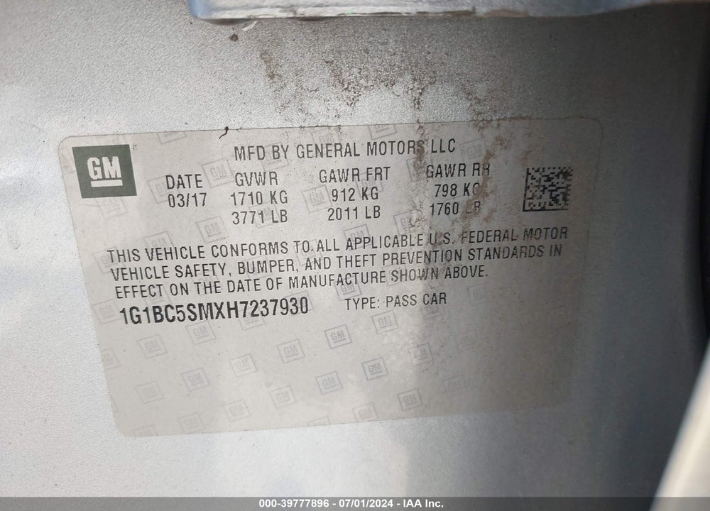 2017 CHEVROLET CRUZE LS AUTO VIN: 1G1BC5SMXH7237930
