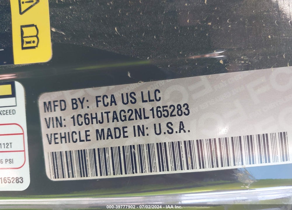 2022 JEEP GLADIATOR VIN: 1C6HJTAG2NL165283