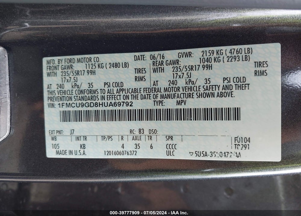 2017 FORD ESCAPE VIN: 1FMCU9GD8HUA69792