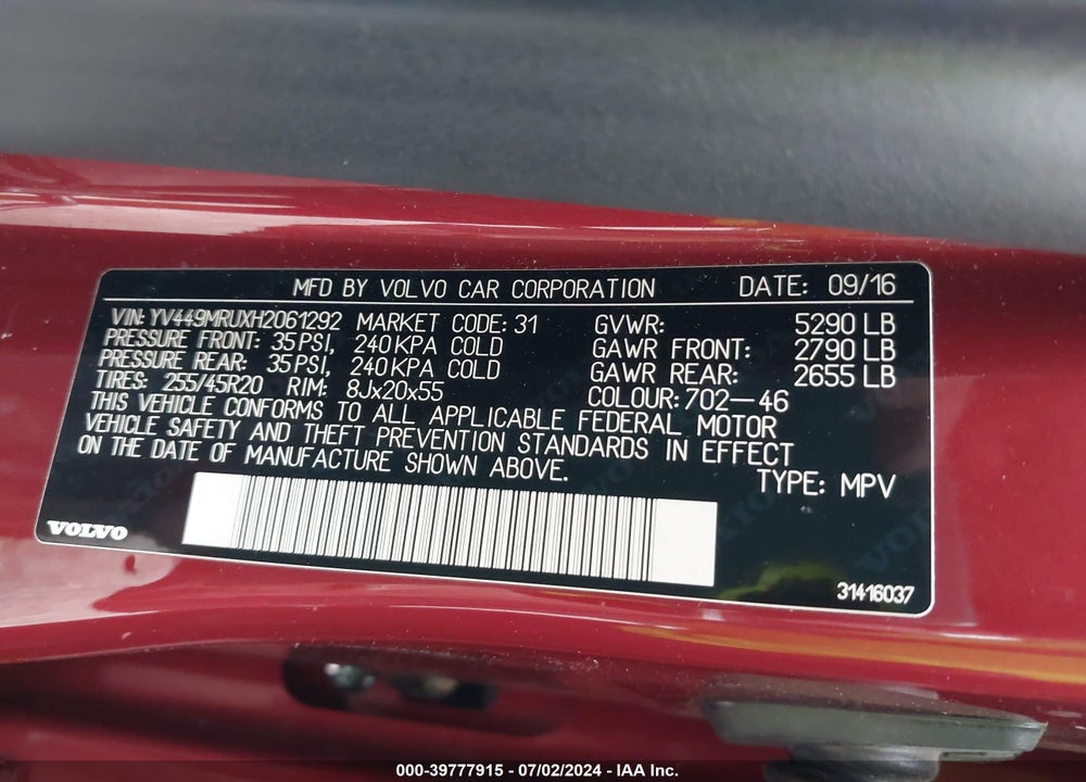 2017 VOLVO XC60 T6 INSCRIPTION VIN: YV449MRUXH2061292