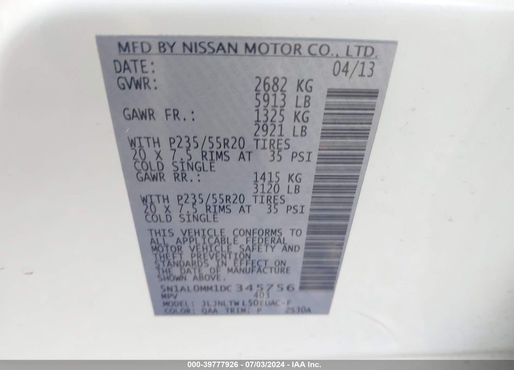 2013 INFINITI JX35 VIN: 5N1AL0MM1DC345756
