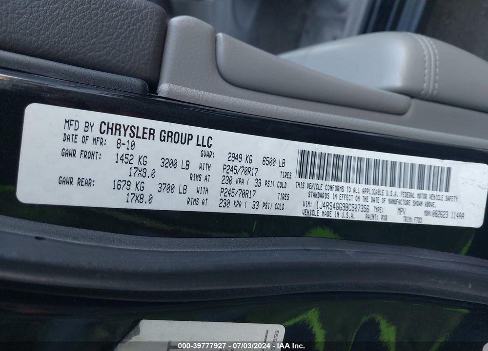 2011 JEEP GRAND CHEROKEE LAREDO VIN: 1J4RS4GG9BC507356