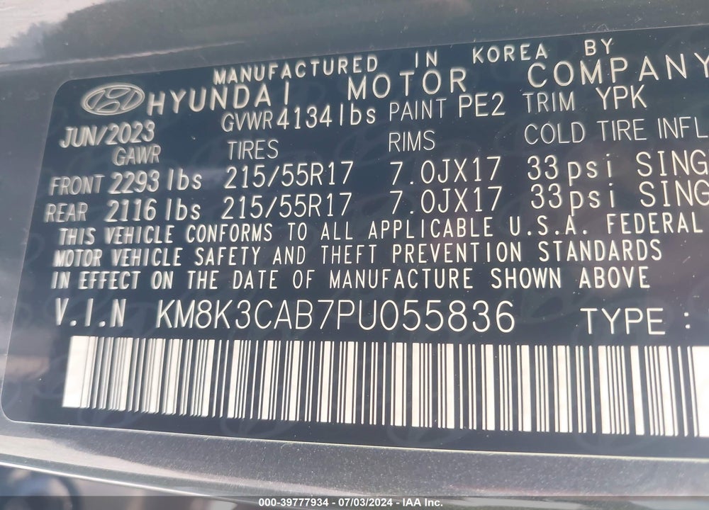 2023 HYUNDAI KONA SEL VIN: KM8K3CAB7PU055836