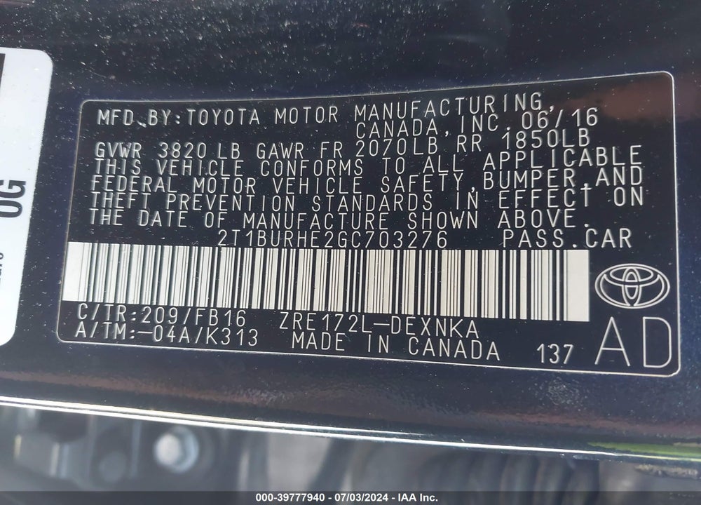 2016 TOYOTA COROLLA LE VIN: 2T1BURHE2GC703276