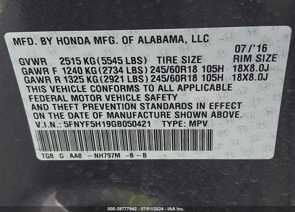 2016 HONDA PILOT LX VIN: 5FNYF5H19GB050421