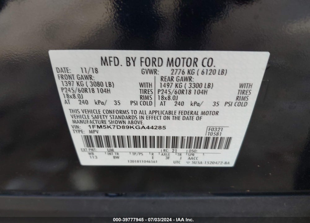 2019 FORD EXPLORER XLT VIN: 1FM5K7D89KGA44285