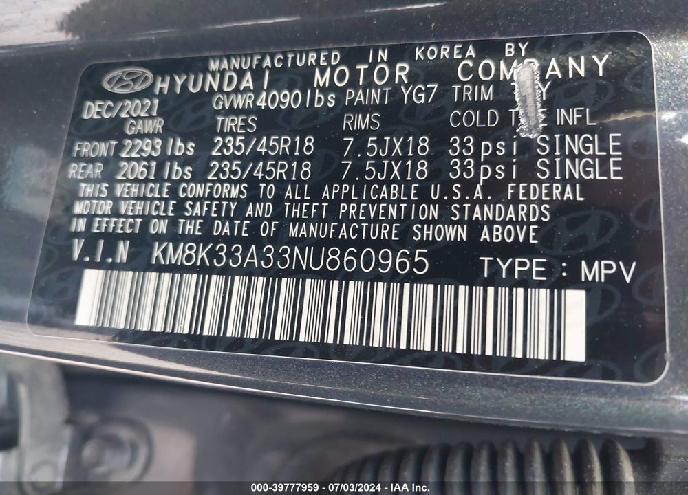 2022 HYUNDAI KONA N LINE VIN: KM8K33A33NU860965