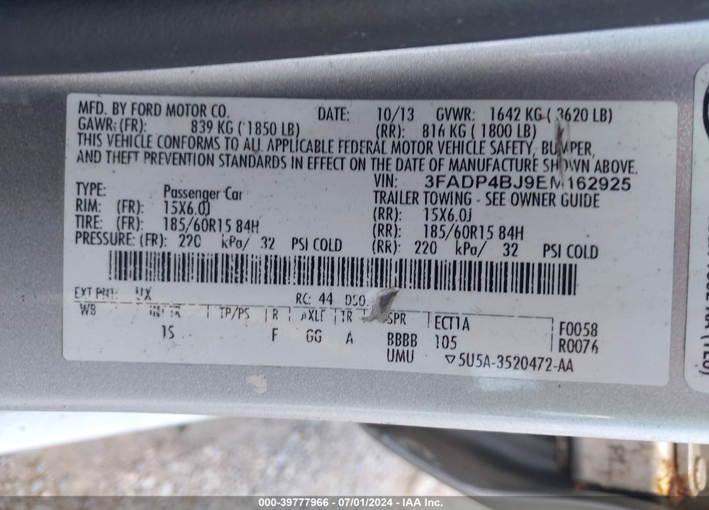 2014 FORD FIESTA SE VIN: 3FADP4BJ9EM162925