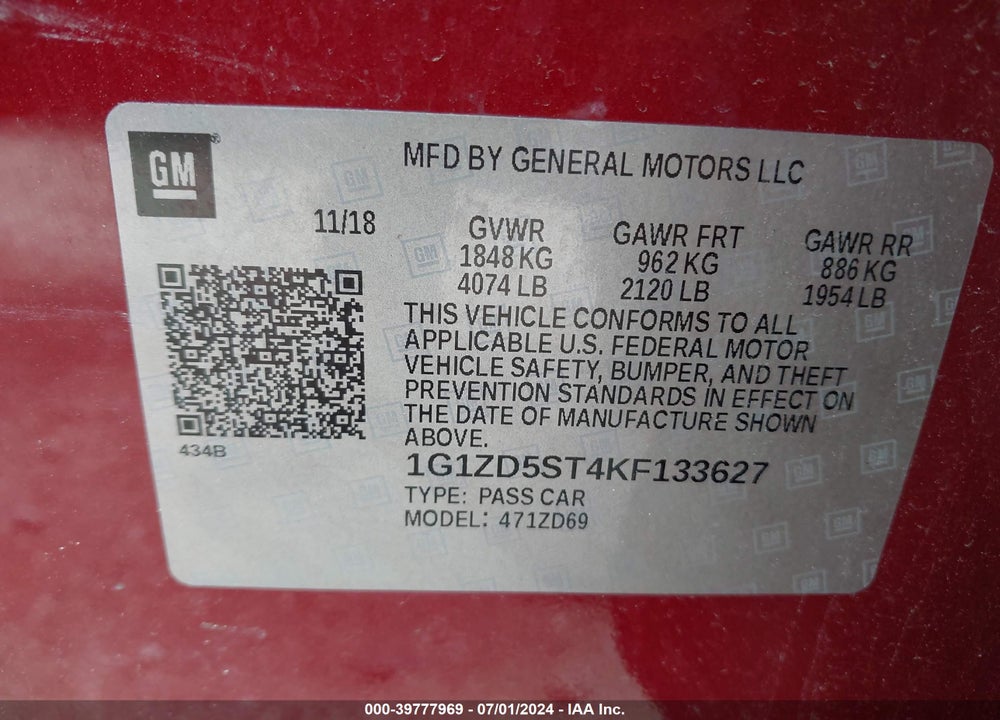 2019 CHEVROLET MALIBU LT VIN: 1G1ZD5ST4KF133627