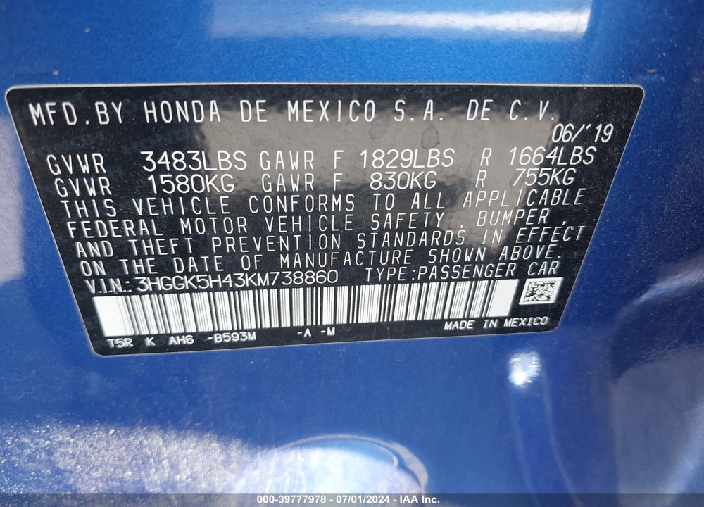 2019 HONDA FIT LX VIN: 3HGGK5H43KM738860
