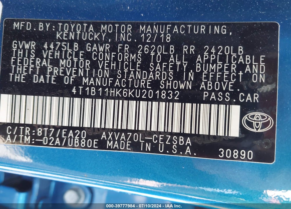 2019 TOYOTA CAMRY SE VIN: 4T1B11HK6KU201832