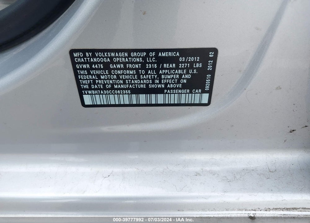 2012 VOLKSWAGEN PASSAT 2.5L SE VIN: 1VWBH7A30CC062355