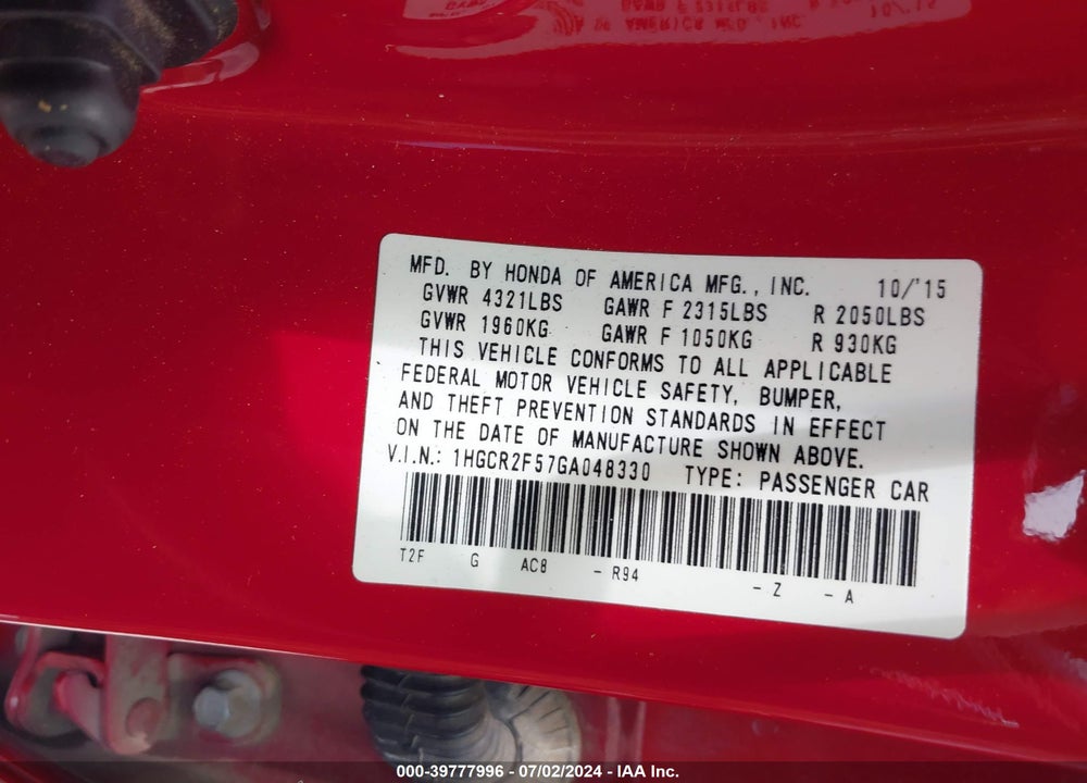 2016 HONDA ACCORD SPORT VIN: 1HGCR2F57GA048330
