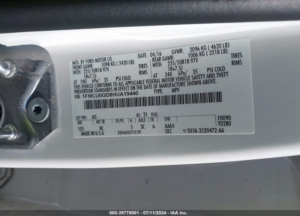 2017 FORD ESCAPE VIN: 1FMCU0GD8HUA19440