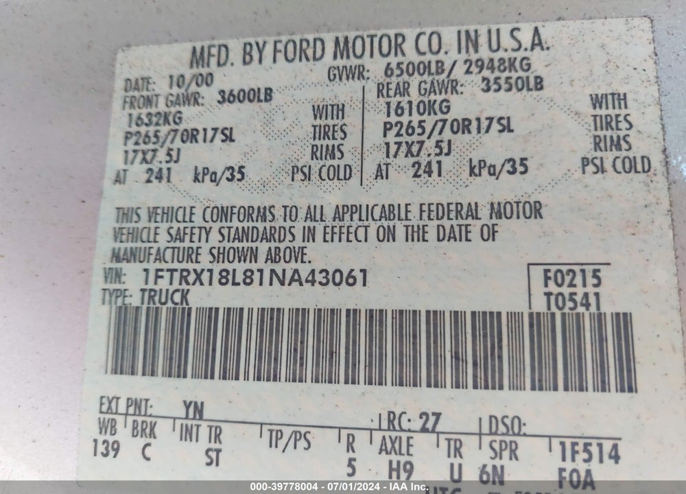2001 FORD F-150 LARIAT/XL/XLT VIN: 1FTRX18L81NA43061